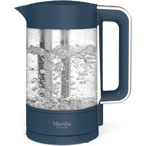 image:imageMartha Stewart Electric Kettle with Removable Stainless Steel Tea Infuser Glass Carafe17L 7 Cups Hot Water Boiler 4 Presets Keep Warm amp Auto ShutOff Cordless 360 Swivel Base Linen CreamIndigo Blue